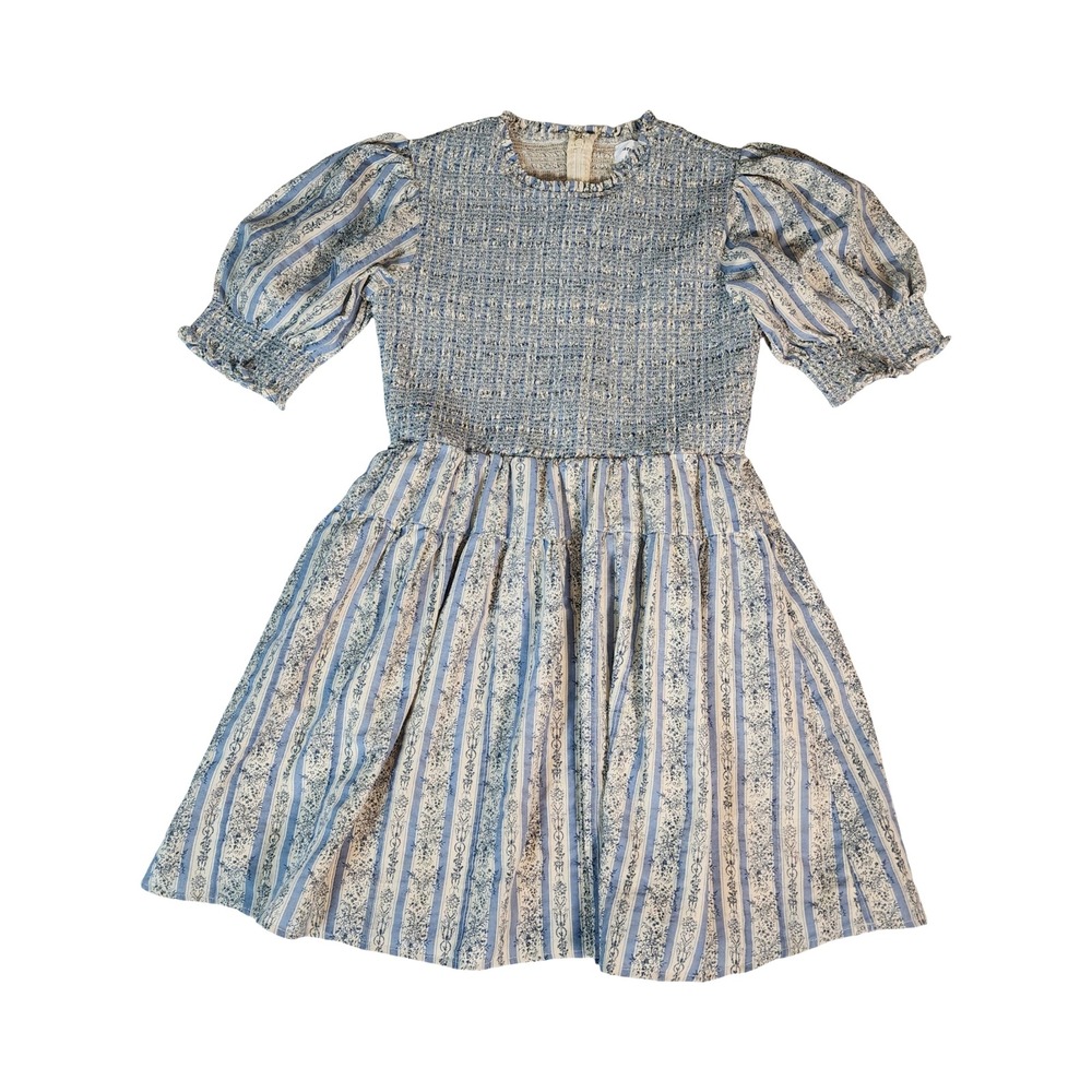 Aureum Blue Floral Stripe Smocked Mini Dress 100% Cotton Short Puff XS Women